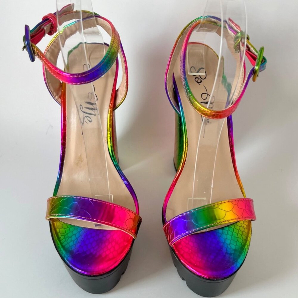 So Me Rainbow Heels Women Sexy holographic multicolor mermaid platforms Size 6.5